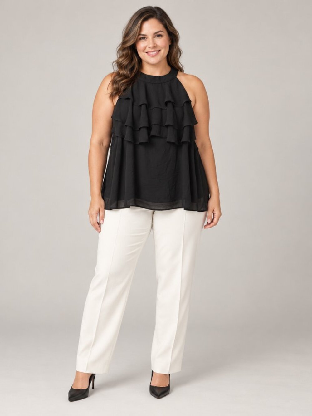 Joseph Ribkoff Black Sleeveless Ruffle Blouse Size 16 0856